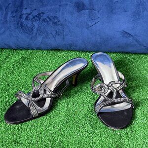 Dezario Black Rhinestone Embellished Open Toe Kitten Heel Sandals Women’s Size 9